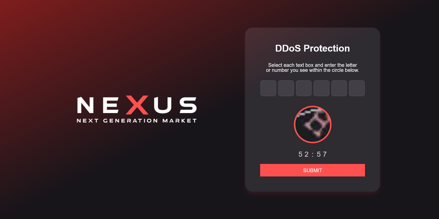 Screenshot of the Nexus Market login page showing a clean, dark red interface with PGP 2FA login fields and a secure captcha system.