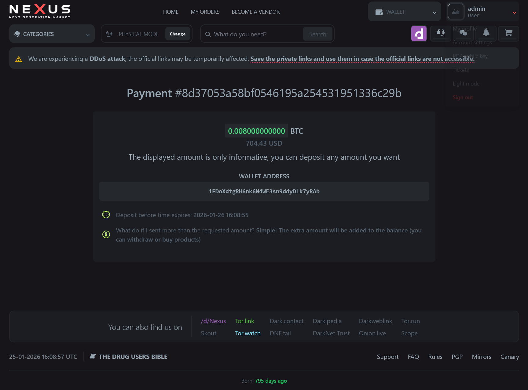 Screenshot of the Nexus internal messaging system showing end-to-end PGP encrypted communication between users and vendors.